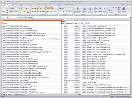 Excel output from Xenu crawl for Cold Water Creek.